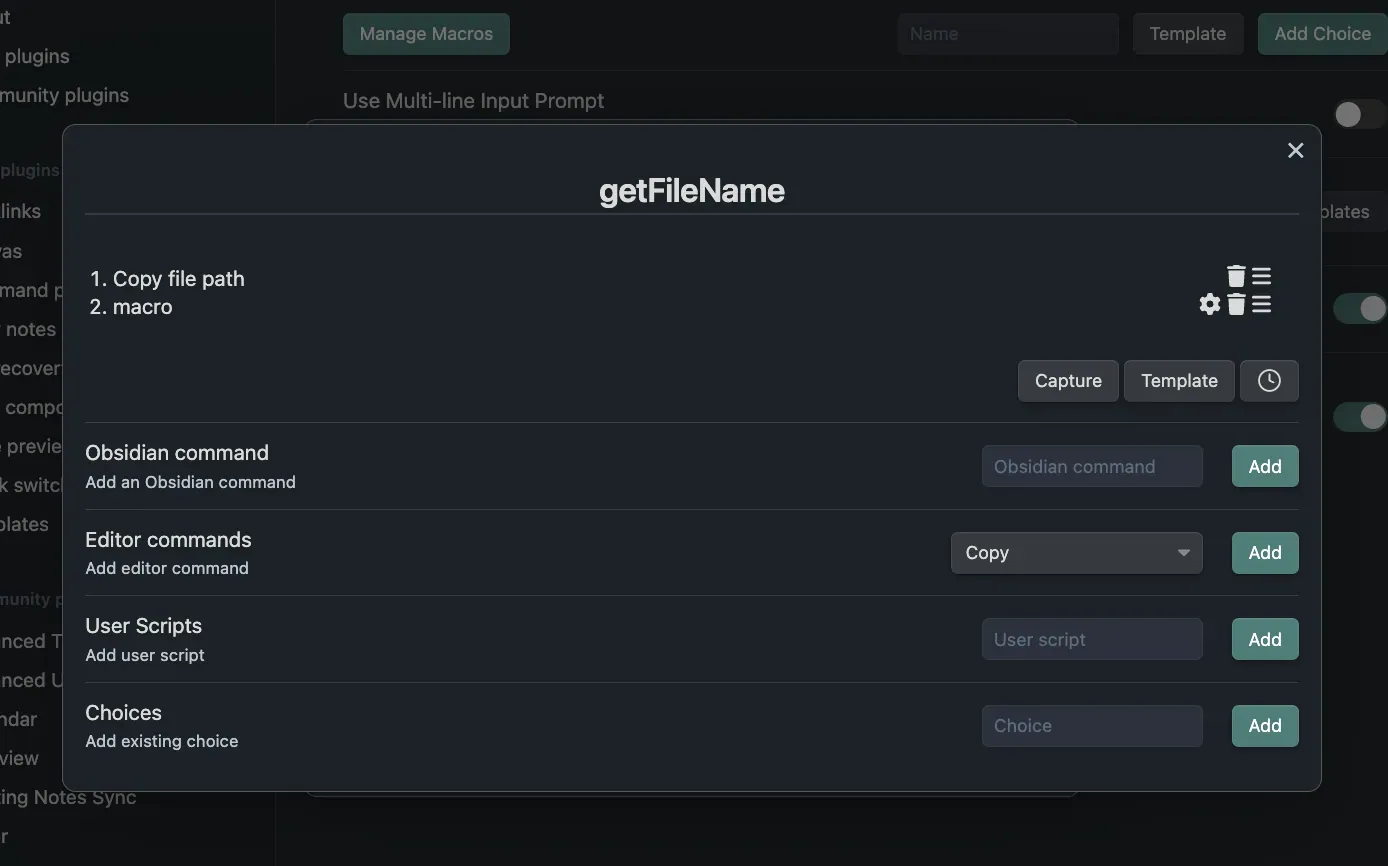 QuickAdd macro settings
